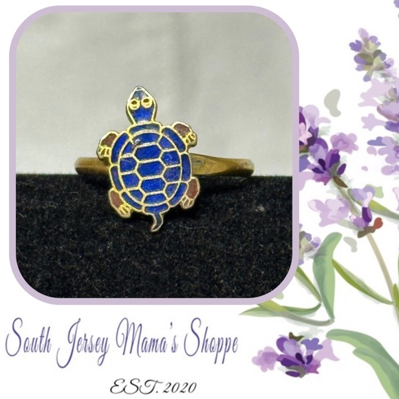 Vintage Gold Tone Blue And Gold Enamel Turtle Ring Size 7 - Picture 1 of 12